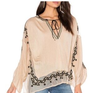 Free People Beige and Black Embroidered Blouse